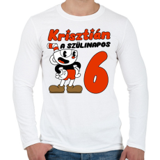 PRINTFASHION Cuphead Szülinap - Egyedi névvel - Férfi hosszú ujjú póló - Fehér