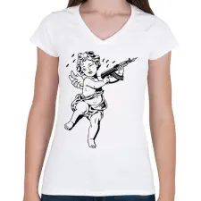 PRINTFASHION Cupido with AK-47 - Női V-nyakú póló - Fehér női póló