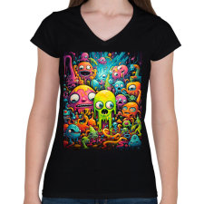 PRINTFASHION Cute Monsters - Női V-nyakú póló - Fekete női póló