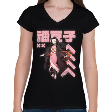PRINTFASHION Demon Slayer Nezuko - Női V-nyakú póló - Fekete