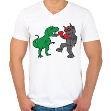 PRINTFASHION Dínó és robot - Férfi V-nyakú póló - Fehér férfi póló