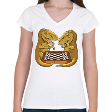 PRINTFASHION Dínók sakkoznak - Női V-nyakú póló - Fehér női póló