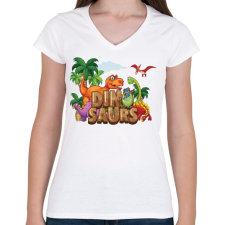 PRINTFASHION Dinoszauruszok - Női V-nyakú póló - Fehér női póló