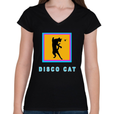 PRINTFASHION DISCO CAT - Női V-nyakú póló - Fekete női póló