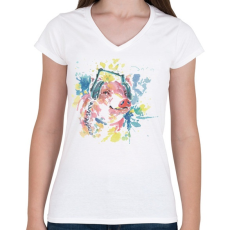 PRINTFASHION Disznó fejhallgatóval - Női V-nyakú póló - Fehér