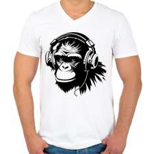 PRINTFASHION DJ Monkey - Férfi V-nyakú póló - Fehér férfi póló