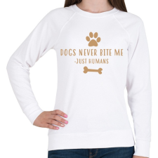 PRINTFASHION Dog never bite me - Női pulóver - Fehér női pulóver, kardigán