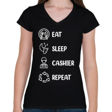 PRINTFASHION Eat, sleep, cashier, repeat - Női V-nyakú póló - Fekete női póló