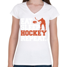 PRINTFASHION Eat Sleep Hockey Repeat - Női V-nyakú póló - Fehér női póló