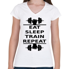 PRINTFASHION EATSLEEPTRAINREPEAT FEKETE - Női V-nyakú póló - Fehér női póló