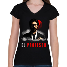 PRINTFASHION EL PROFESOR - Női V-nyakú póló - Fekete
