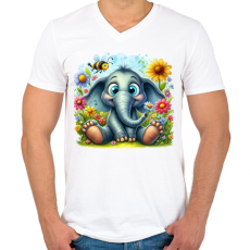 PRINTFASHION Elefánt a virágos mezőn - Férfi V-nyakú póló - Fehér