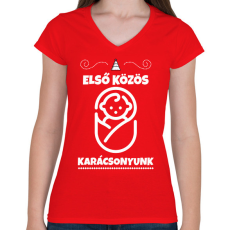 PRINTFASHION Első közös karácsonyunk - Női V-nyakú póló - Piros