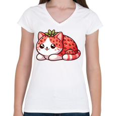 PRINTFASHION Eper cica - Női V-nyakú póló - Fehér