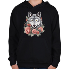 PRINTFASHION farkas virágokkal #2 - Gyerek kapucnis pulóver - Fekete gyerek pulóver, kardigán