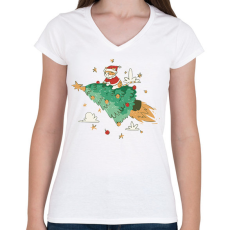 PRINTFASHION Fenyőfa cica rakéta - Női V-nyakú póló - Fehér