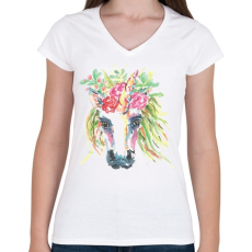 PRINTFASHION Festett egyszarvú virágokkal - Női V-nyakú póló - Fehér