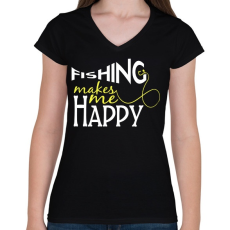 PRINTFASHION Fishing makes me happy - Női V-nyakú póló - Fekete