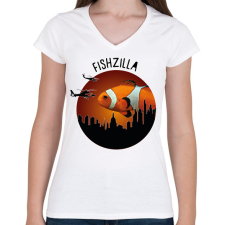 PRINTFASHION Fishzilla - Női V-nyakú póló - Fehér női póló