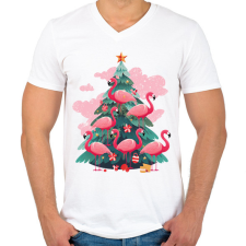 PRINTFASHION Flamingós karácsonyfa - Férfi V-nyakú póló - Fehér férfi póló