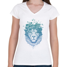 PRINTFASHION Floral lion - Női V-nyakú póló - Fehér női póló