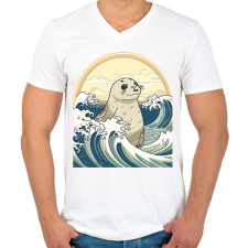 PRINTFASHION Fóka és a hullámok anime stílus - Férfi V-nyakú póló - Fehér férfi póló