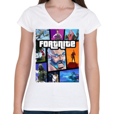 PRINTFASHION Fortnite GTA Edition - Női V-nyakú póló - Fehér női póló