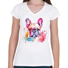 PRINTFASHION Francia bulldog - Női V-nyakú póló - Fehér