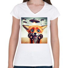 PRINTFASHION Fura cuki vicces ijedt róka - UFÓ invázió - Női V-nyakú póló - Fehér női póló