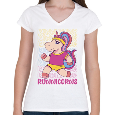 PRINTFASHION Futó unikornis - Női V-nyakú póló - Fehér