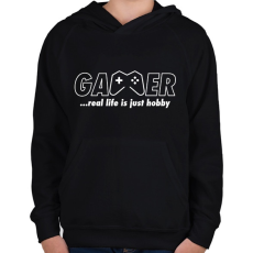 PRINTFASHION Gamer: a való élet csak hobbi - Gyerek kapucnis pulóver - Fekete
