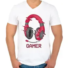 PRINTFASHION Gamer fejhallgató - Férfi V-nyakú póló - Fehér férfi póló