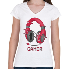 PRINTFASHION Gamer fejhallgató - Női V-nyakú póló - Fehér
