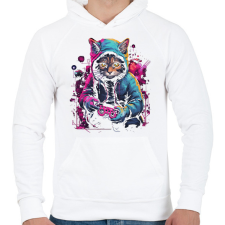 PRINTFASHION Gamer macska - Férfi kapucnis pulóver - Fehér férfi pulóver, kardigán