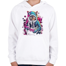 PRINTFASHION Gamer macska - Gyerek kapucnis pulóver - Fehér