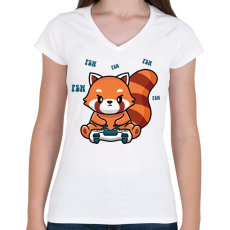 PRINTFASHION Gamer vörös panda - Női V-nyakú póló - Fehér