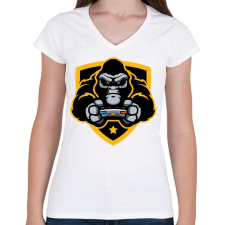PRINTFASHION Gorilla Gamer - Női V-nyakú póló - Fehér női póló