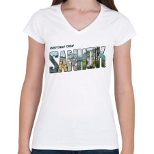 PRINTFASHION Greetings from Sanhok - PUBG - Női V-nyakú póló - Fehér női póló