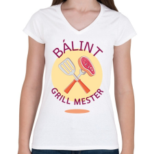 PRINTFASHION Grill mester - Névvel - Női V-nyakú póló - Fehér női póló