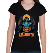 PRINTFASHION Halloween Grim Reaper - Női V-nyakú póló - Fekete női póló