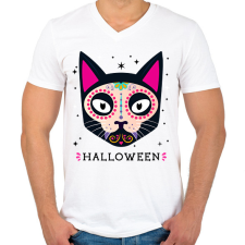 PRINTFASHION HALLOWEEN MACSKA - Férfi V-nyakú póló - Fehér férfi póló