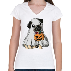 PRINTFASHION Halloween mops - Női V-nyakú póló - Fehér