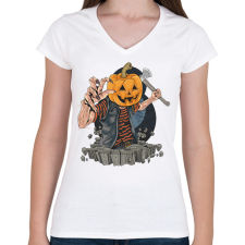 PRINTFASHION Halloween tök fej - Női V-nyakú póló - Fehér női póló