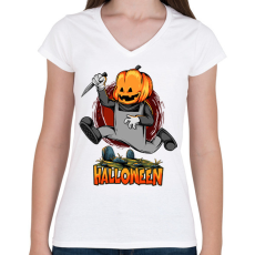 PRINTFASHION Halloween tökös sorozatgyilkos minta - Női V-nyakú póló - Fehér