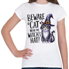 PRINTFASHION Hallowen cica boszorkánykalapban - Női póló - Fehér női póló