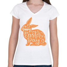 PRINTFASHION Happy Easter Day - Nyuszis minta - Női V-nyakú póló - Fehér női póló