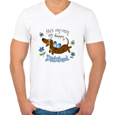 PRINTFASHION He's very happy dachshund - Férfi V-nyakú póló - Fehér férfi póló