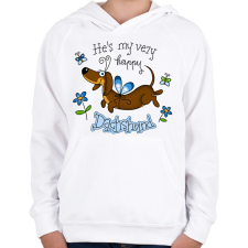 PRINTFASHION He's very happy dachshund - Gyerek kapucnis pulóver - Fehér gyerek pulóver, kardigán