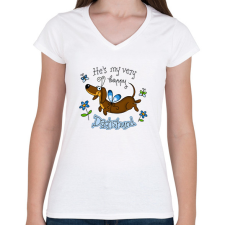 PRINTFASHION He's very happy dachshund - Női V-nyakú póló - Fehér női póló