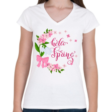 PRINTFASHION Hello Tavasz - Női V-nyakú póló - Fehér női póló